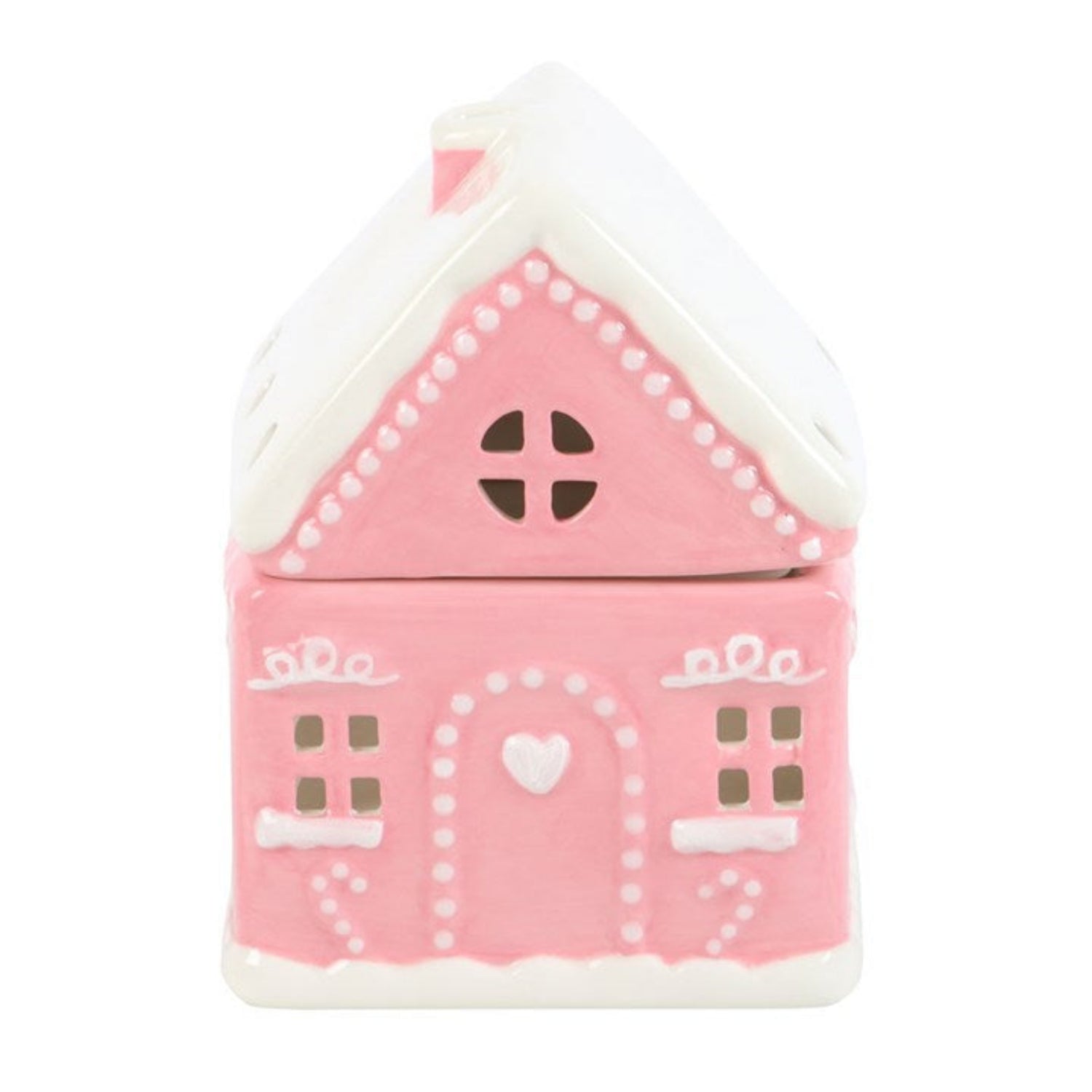 Pink house-shaped container with white accents on a white background