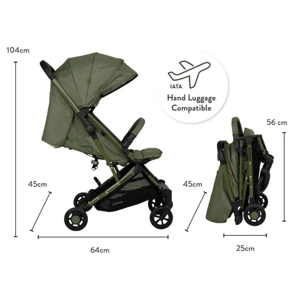 Olive green stroller with extended canopy, reclining seat, and front swivel wheels