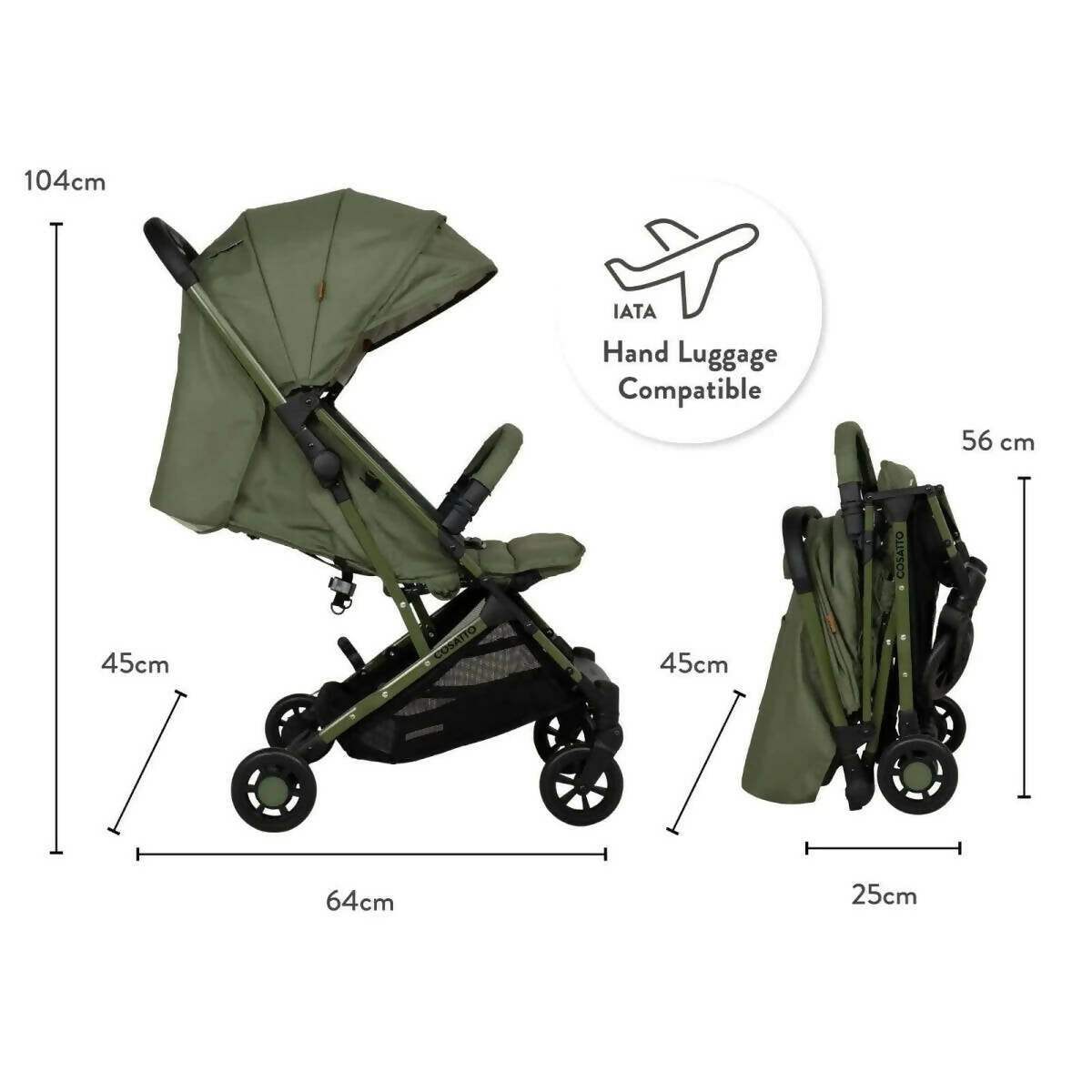 Olive green stroller with extended canopy, reclining seat, and front swivel wheels