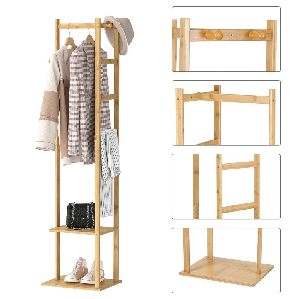 Bamboo Garment Coat Clothes Stand Rack Hat Shoe Wooden Hanger Holder Shelf Tidy Garment Hanging Rail Hooks