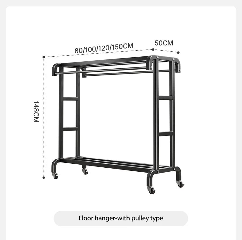 Movable Coat Rack With Universal Wheels Multifunctional Double-deck Simple Clothes Hanger Floor-Standing Bedroom Wardrobe