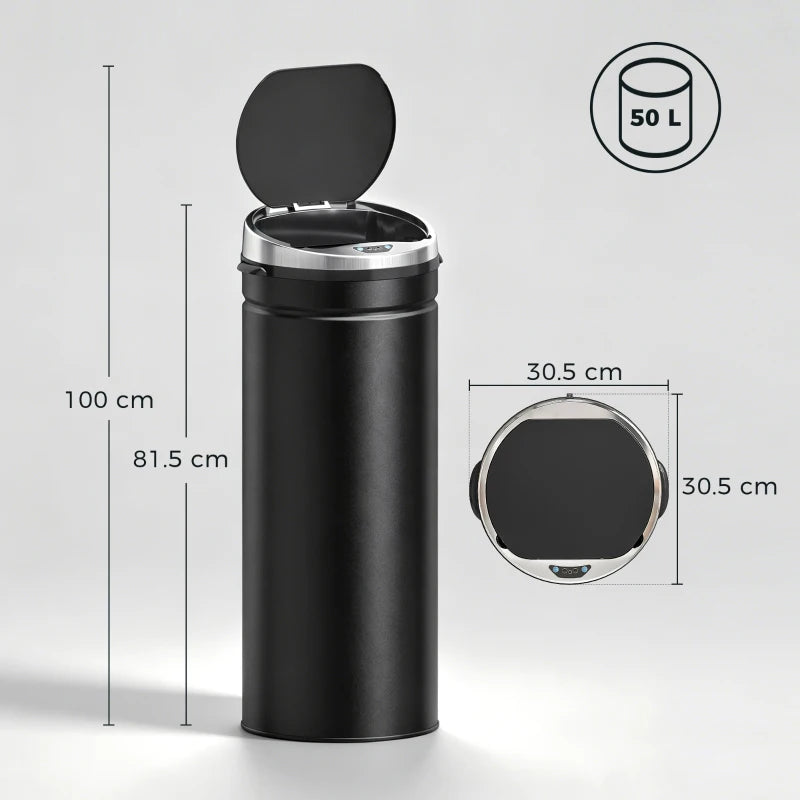 Black round 50L motion sensor trash bin with stainless rim and open lid