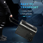 Portable cooler box with pull-up handle and two large wheels for easy transport