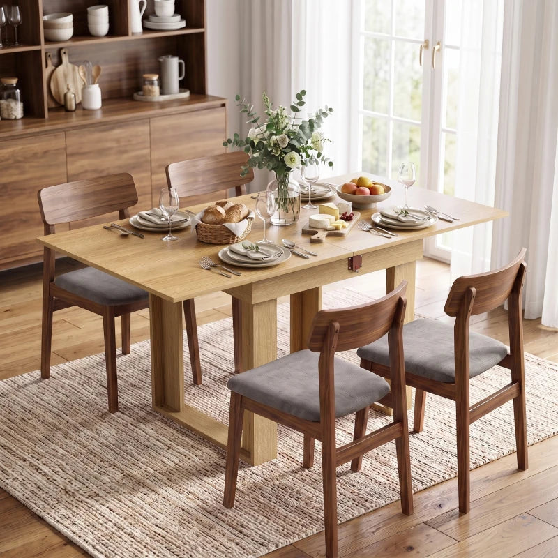 Extendable oak-effect dining table with under-storage and four upholstered chairs