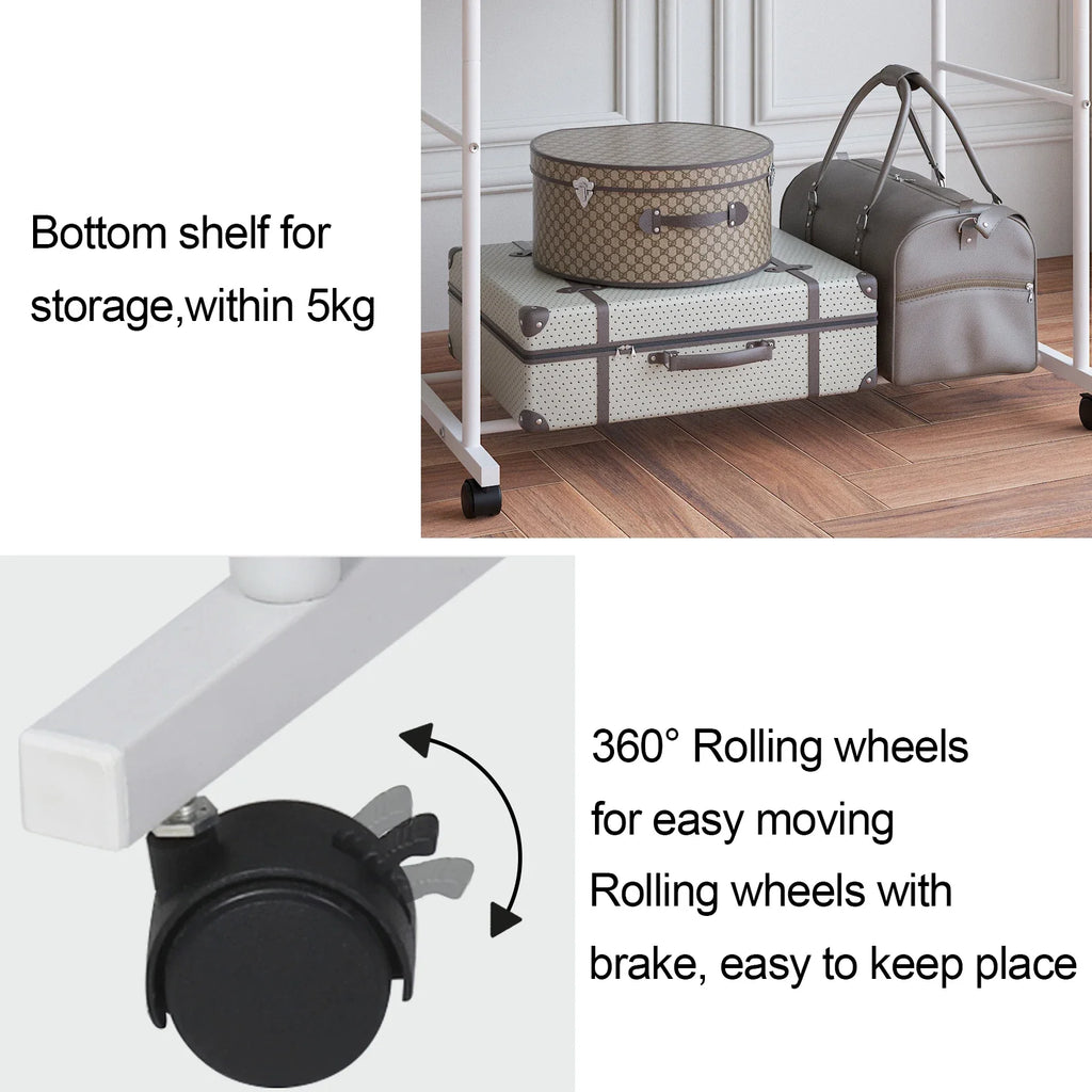 Super Strong Metal Clothing Garment Rack Cloth Hanger Display Rack Stand with Wheel and Storage Two Top Rod