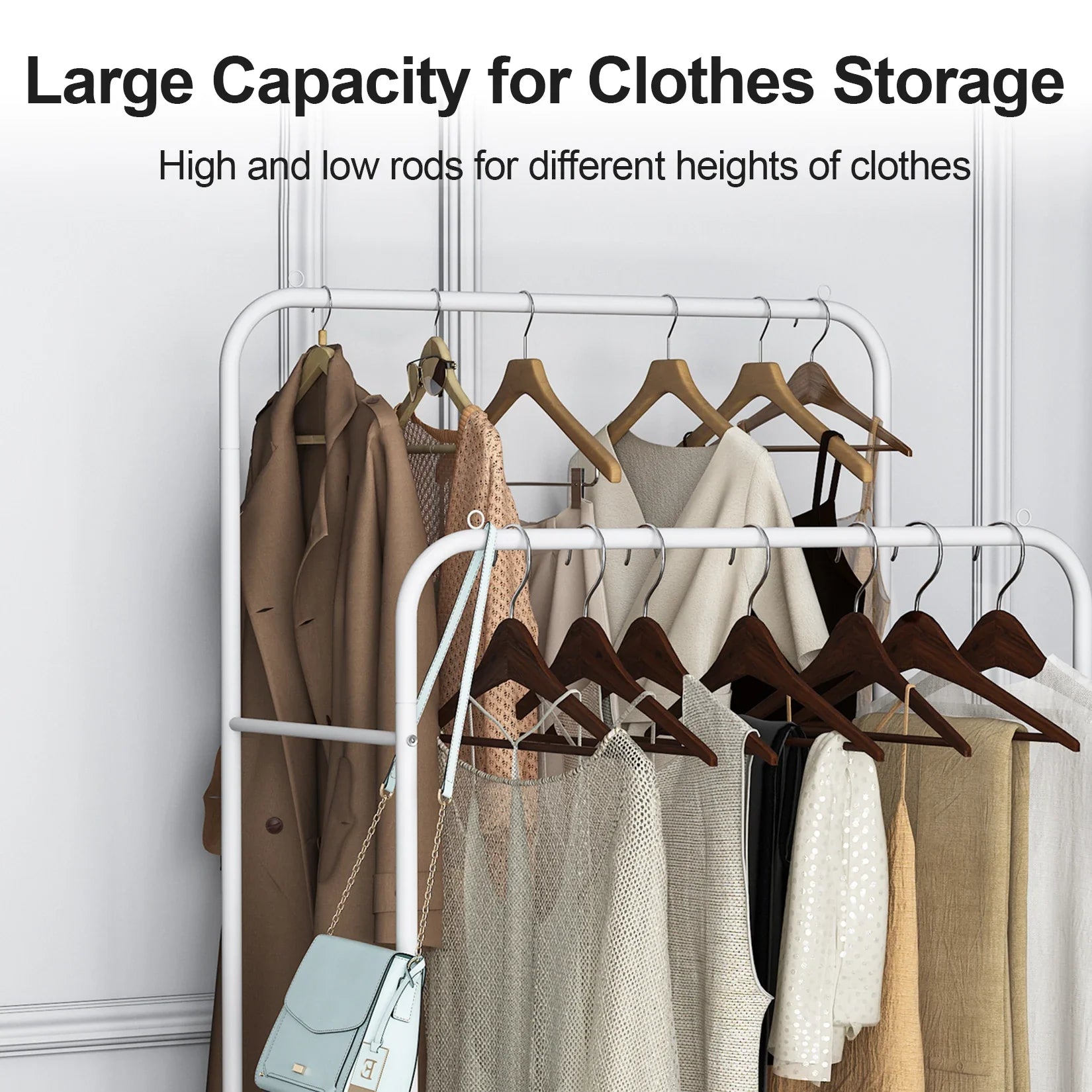 Super Strong Metal Clothing Garment Rack Cloth Hanger Display Rack Stand with Wheel and Storage Two Top Rod