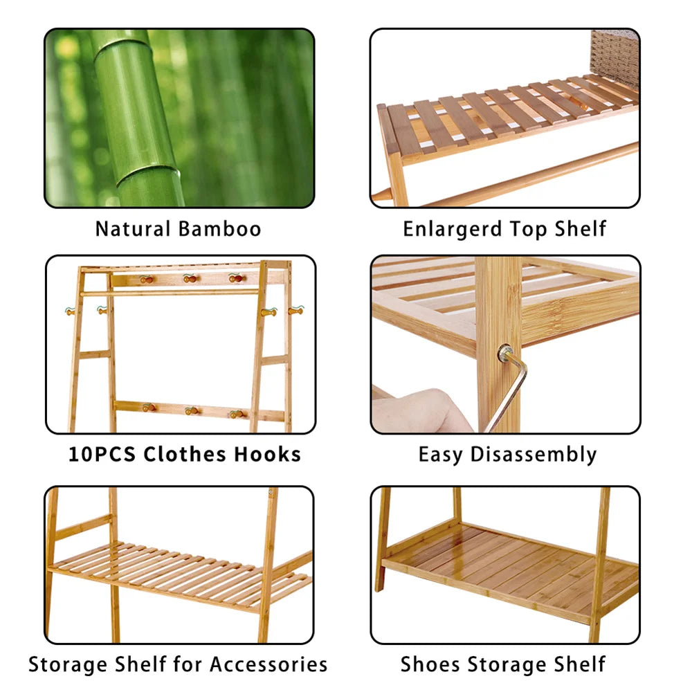 Bamboo Clothes Rail Rack Garment Stand with Top Shelf Shoe Storage Ladder Rails Hanging Display