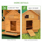 Wooden chicken coop with slide-out tray and built-in ramp for easy access