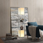 Light grey floor lamp with two lit rectangular shades in a vertical frame