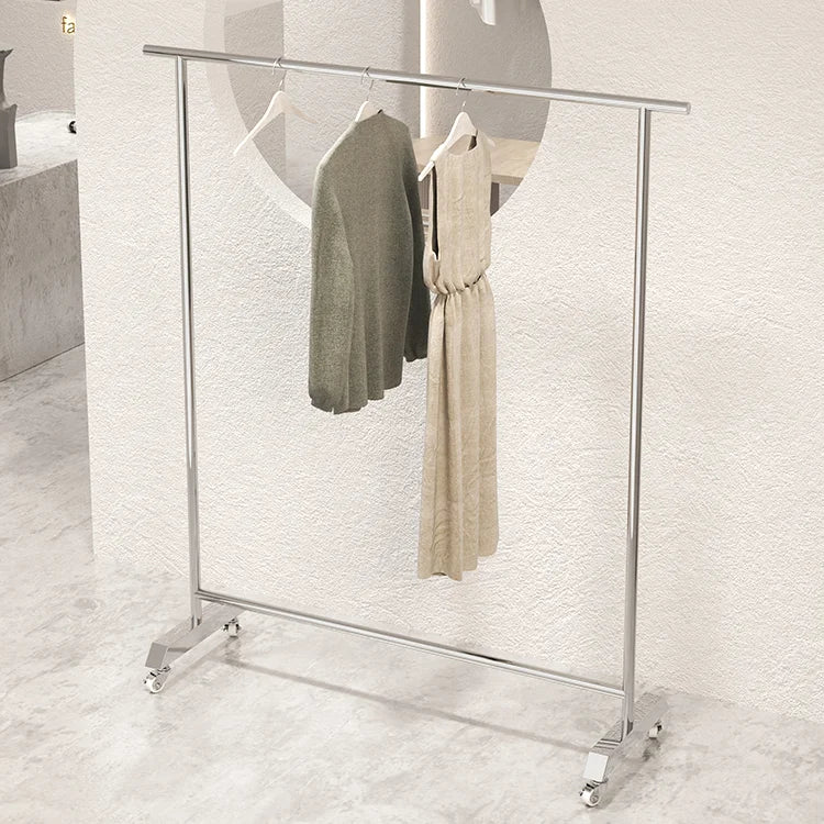 Floor-To-Ceiling Adjustable Stand Mobile Clothes Rail With Wheel Clothing Shop Stainless Steel Display Rack