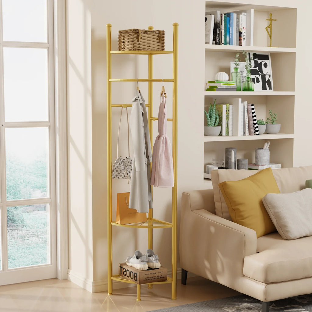 Freestanding Coat Rack with Shelve, Heavy Duty Corner Clothes, Hat Clothes Hall, Tree Stand, Gold Metal, Bedroom, Hallway