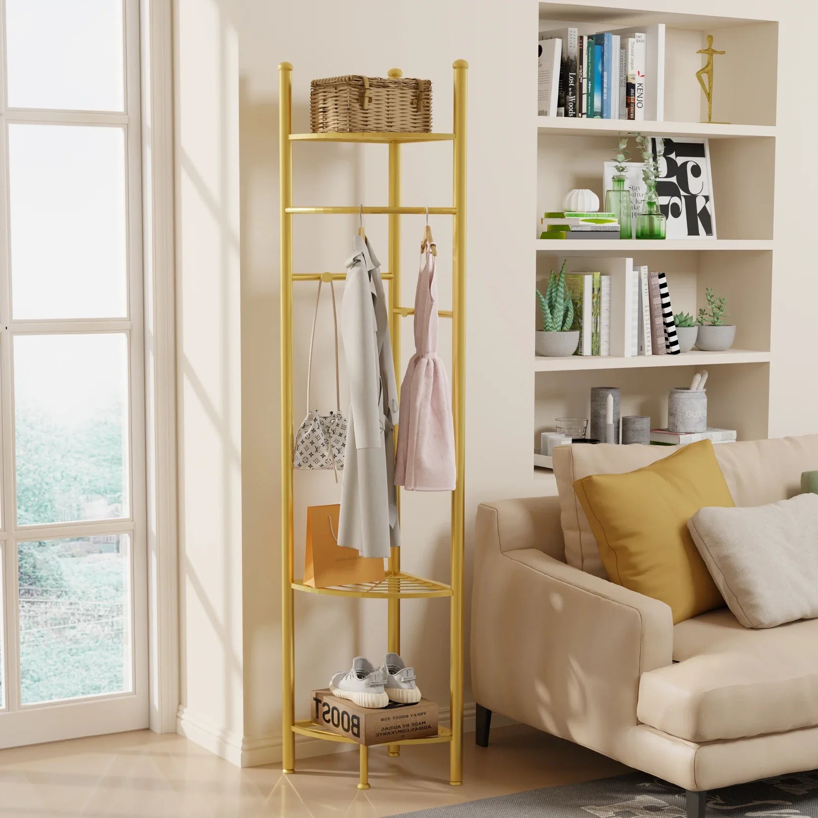 Freestanding Coat Rack with Shelve, Heavy Duty Corner Clothes, Hat Clothes Hall, Tree Stand, Gold Metal, Bedroom, Hallway