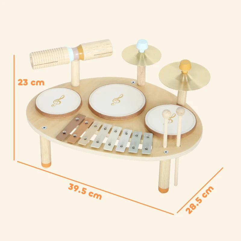 Wooden baby drum kit with three drums, cymbals, and xylophone on round table, 39.5 cm