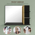 Bathroom mirror with bamboo hinged panel and black shelves, front view