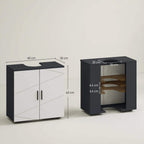 Light grey vanity cabinet with black top, U cut-out, and visible interior shelf