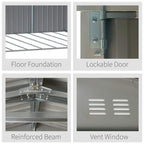 Grey metal shed features: lockable door, vent window, reinforced beams, and floor foundation