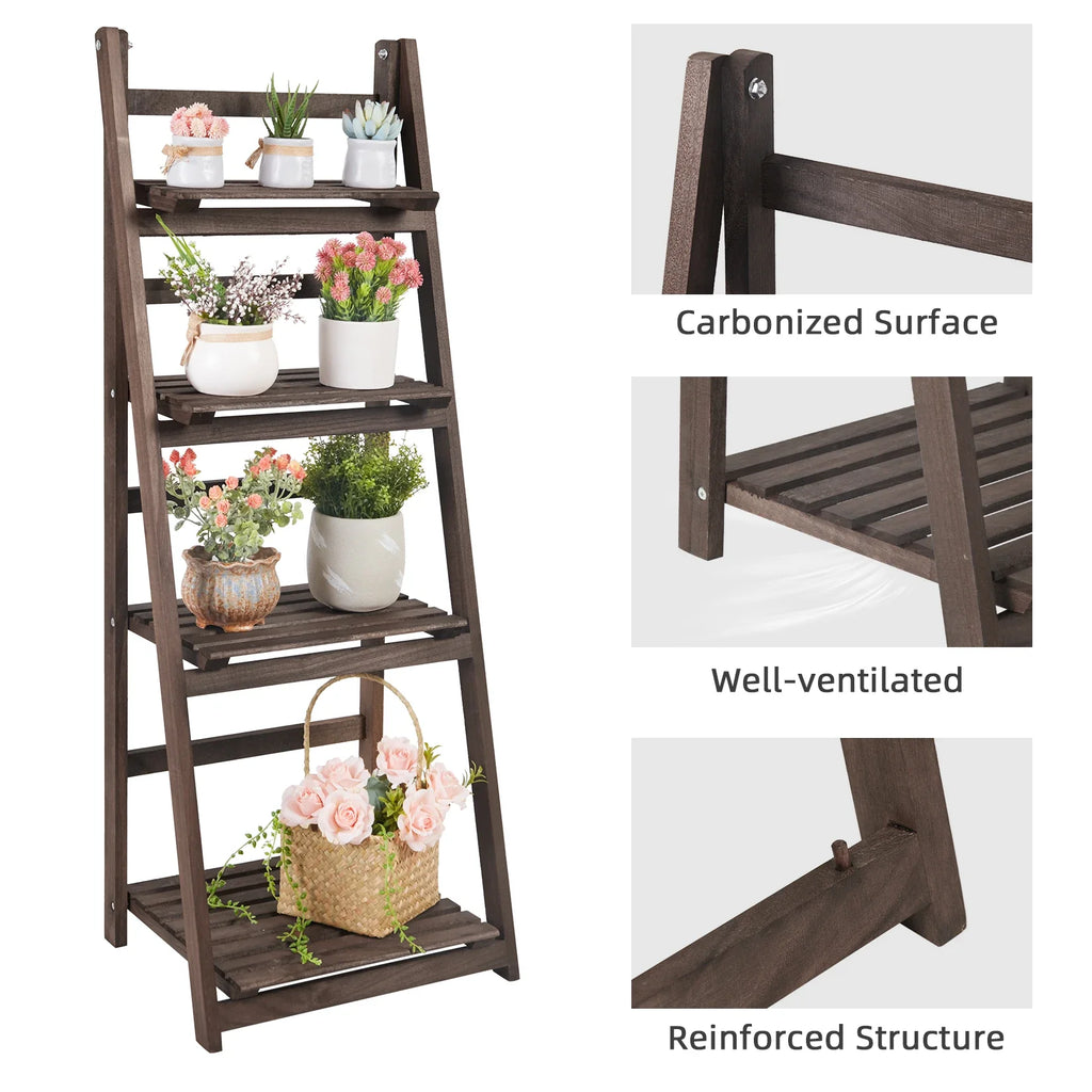 Folding 4 Tier Ladder Shelf, Storage Shelving Unit, Wooden Bookcase, Plant Flower Display Rack, Indoor Rack