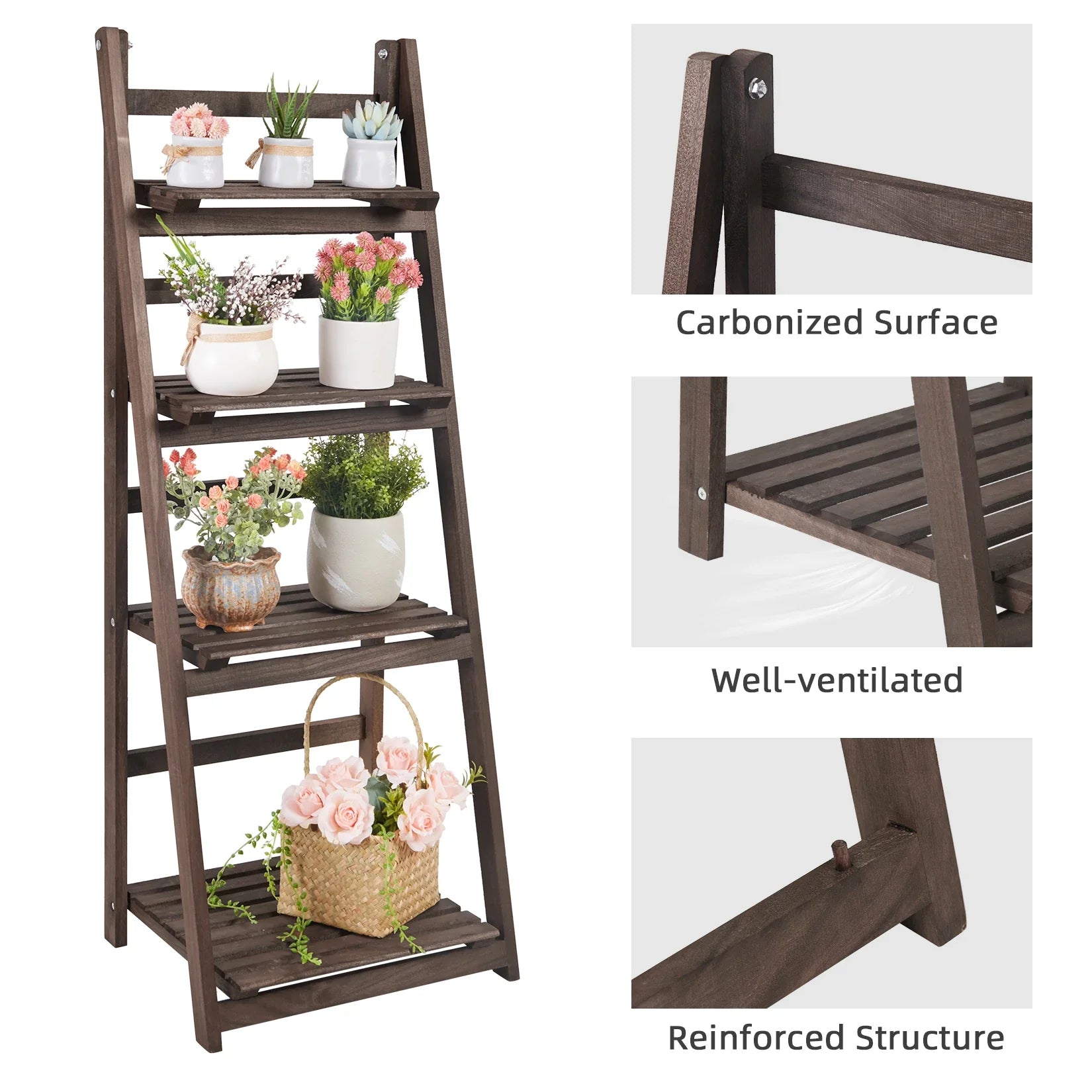 Folding 4 Tier Ladder Shelf, Storage Shelving Unit, Wooden Bookcase, Plant Flower Display Rack, Indoor Rack