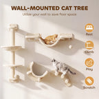 Beige wall-mounted cat tree with hammock, platforms, ladder and scratching post