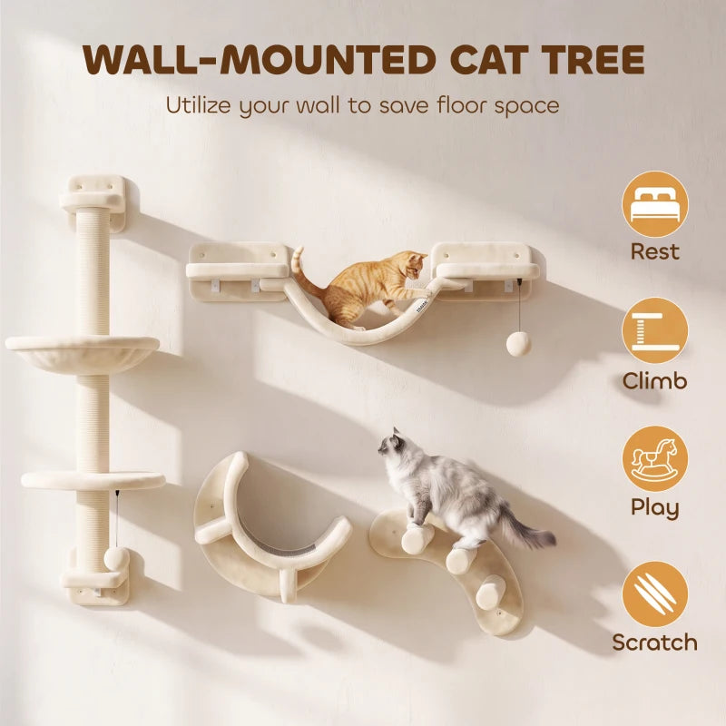 Beige wall-mounted cat tree with hammock, platforms, ladder and scratching post