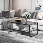 Two-tier black coffee table with faux marble tabletop and metal frame, open lower shelf