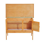 Guinea pig hutch with open back panel, wire mesh front, and side access door.