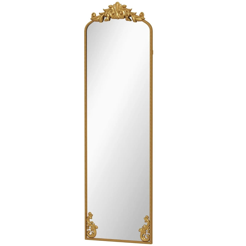 Full length floor mirror with ornate baroque gold frame, arched top