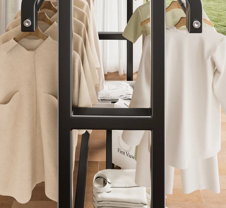 Movable Coat Rack With Universal Wheels Multifunctional Double-deck Simple Clothes Hanger Floor-Standing Bedroom Wardrobe