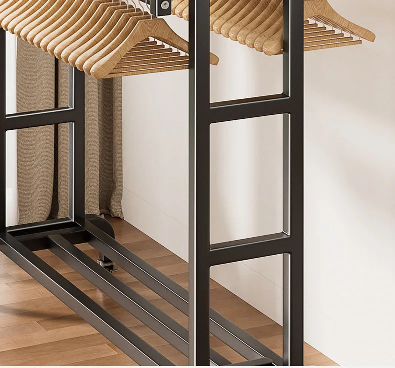 Movable Coat Rack With Universal Wheels Multifunctional Double-deck Simple Clothes Hanger Floor-Standing Bedroom Wardrobe