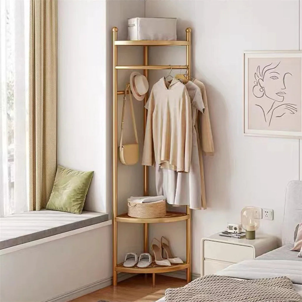 Freestanding Coat Rack with Shelve, Heavy Duty Corner Clothes, Hat Clothes Hall, Tree Stand, Gold Metal, Bedroom, Hallway