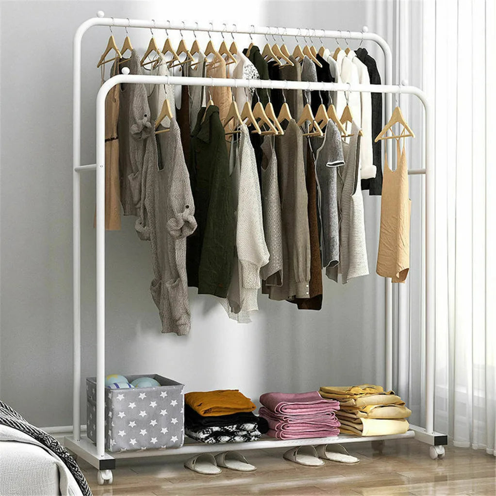 Heavy Metal Clothing Garment Rack, Cloth Hanger, Display Rack Stand with Wheel and Storage, Two Top Rod