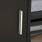 Metal handle on black cabinet door of printer stand storage unit