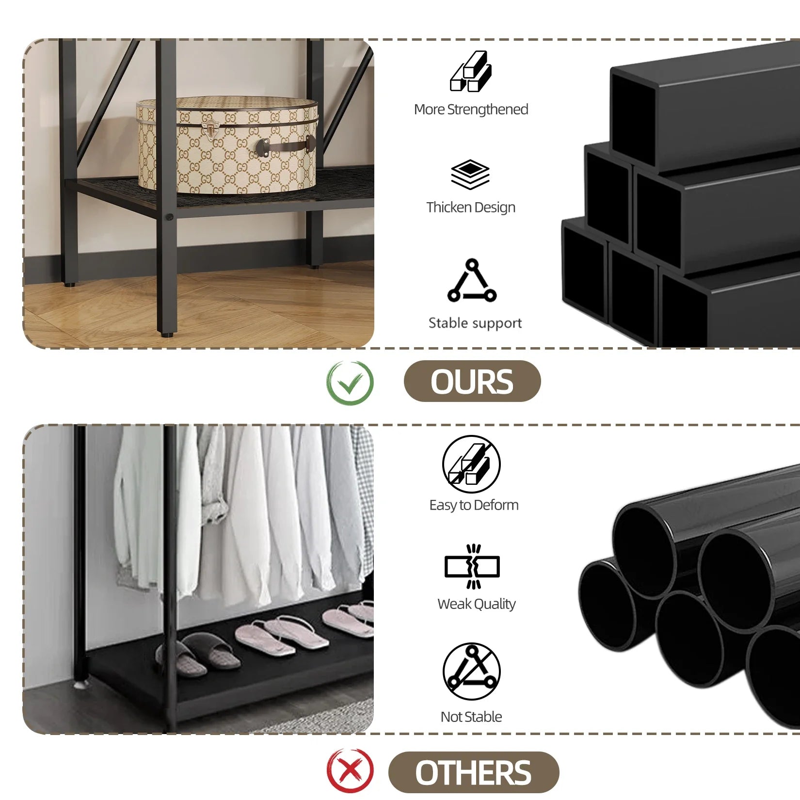 Industrial Coat Rack Stand, Open Wardrobe, Clothes Rail with 2 Drawer and Shelves, Bedroom Storage, Hanging Bar, XXL