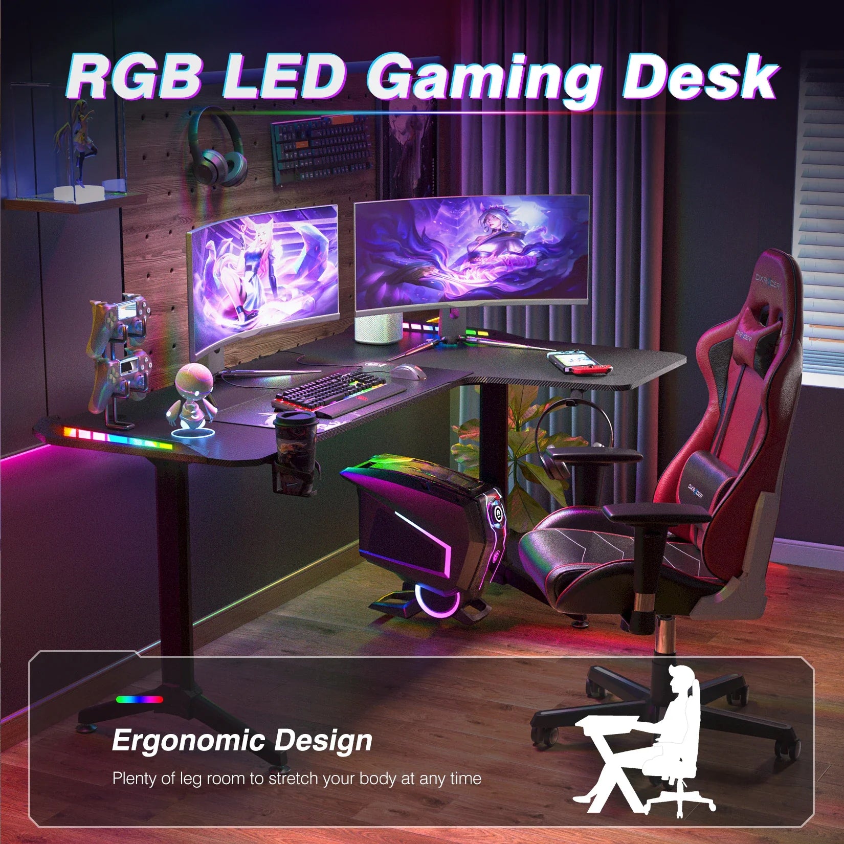L Shape Corner Desk Game Table with 6 Colors RGB Light Headphone Hook and Cup Holder