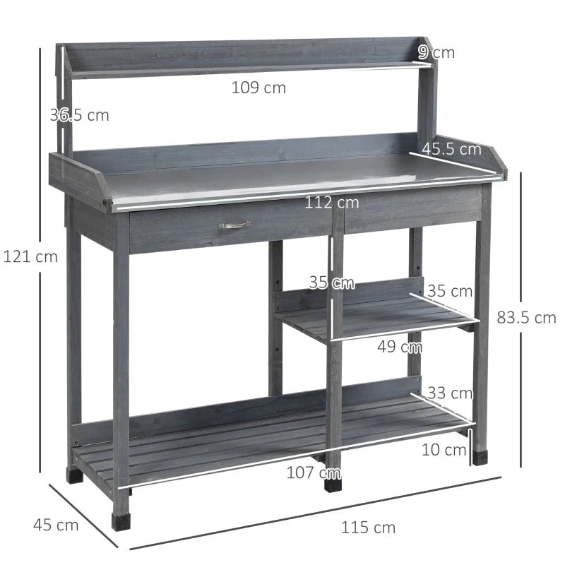 Grey garden potting table with metal top, drawer, side shelf, and lower storage