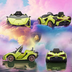 Green Lamborghini Sian style ride-on toy car showing front, rear, and side views