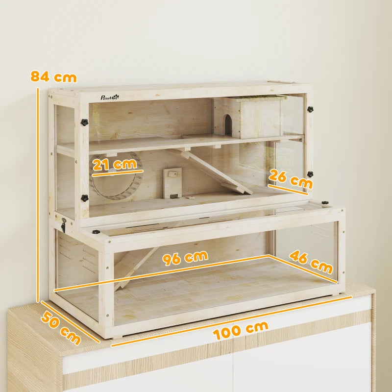 Natural wood 3-level hamster cage with wheel and ramps, large front opening