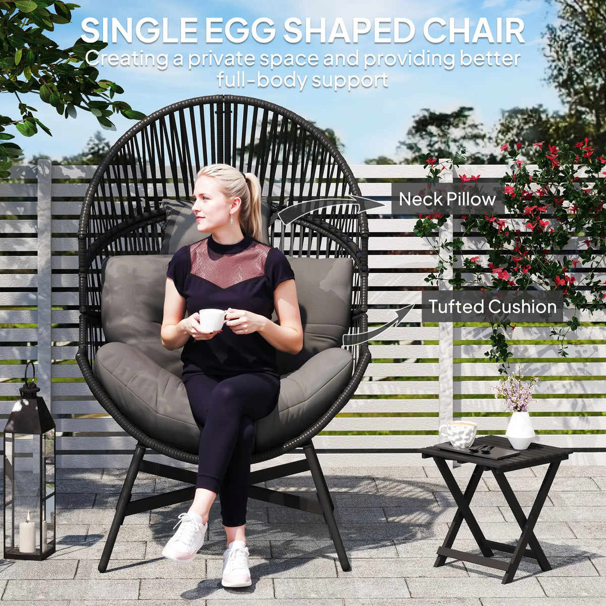 Outsunny Rattan Egg Chair, Oversized Freestanding Garden Egg Chair with Thick Tufted Cushion, Headrest, Steel Frame for