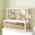 Natural wood multi-level hamster cage with wheel, ramps, and glass front panels