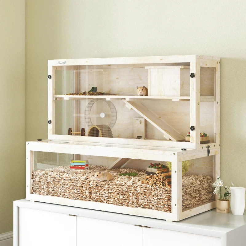 Natural wood multi-level hamster cage with wheel, ramps, and glass front panels