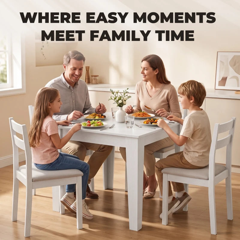 White square dining table in a family setting with four legs.