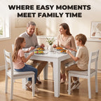 White square dining table in a family setting with four legs.