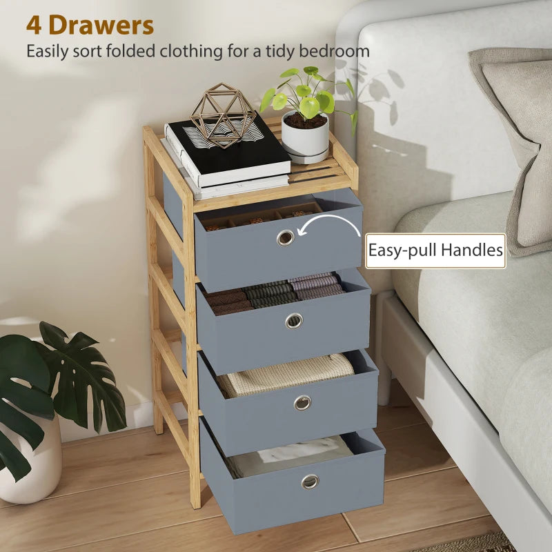 Narrow chest of drawers with bamboo frame, four light grey drawers, open storage