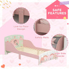 Pink toddler bed frame with low-to-floor design and high side boards for added safety