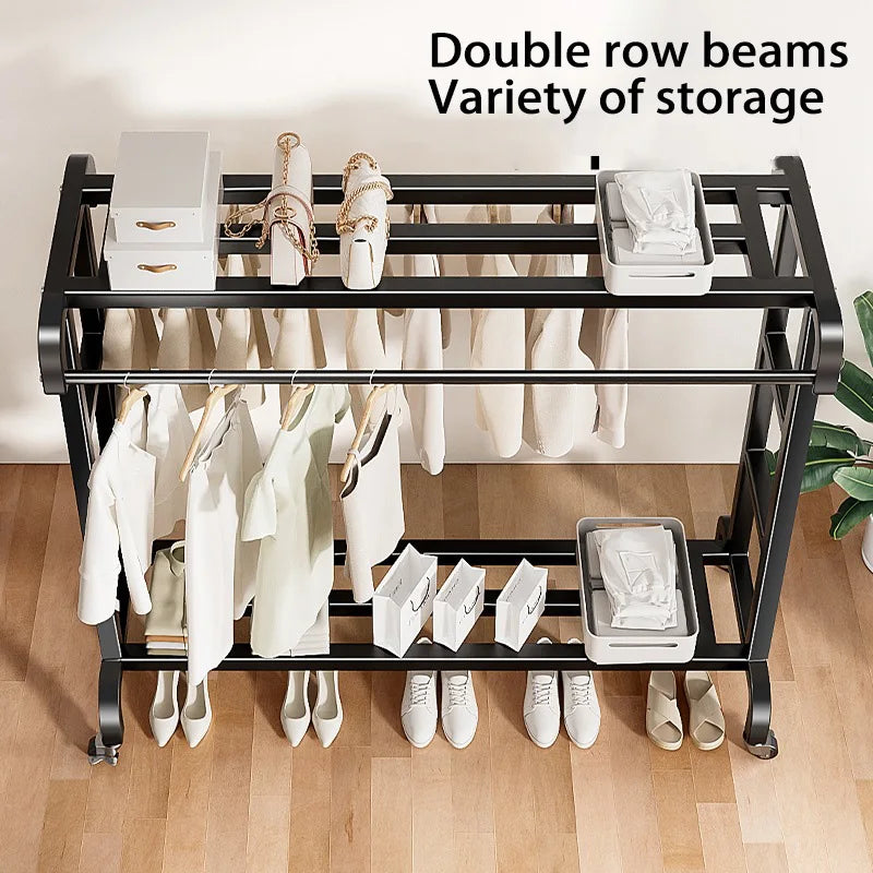 Movable Coat Rack With Universal Wheels Multifunctional Double-deck Simple Clothes Hanger Floor-Standing Bedroom Wardrobe