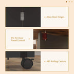 Folding dining table hardware close-up with metal hinge and rolling caster wheels.