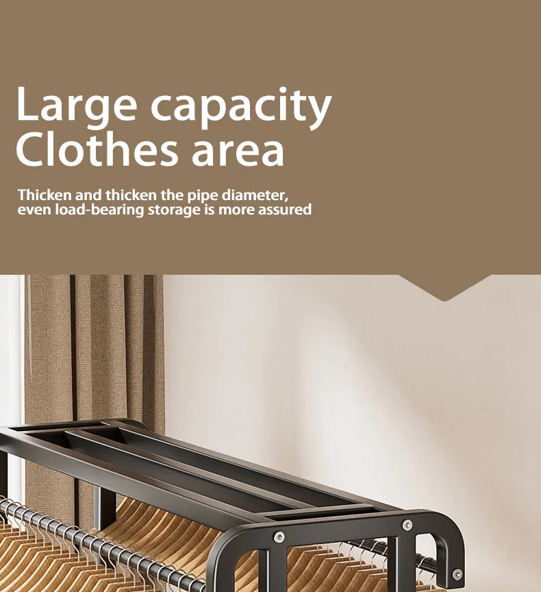 Movable Coat Rack With Universal Wheels Multifunctional Double-deck Simple Clothes Hanger Floor-Standing Bedroom Wardrobe