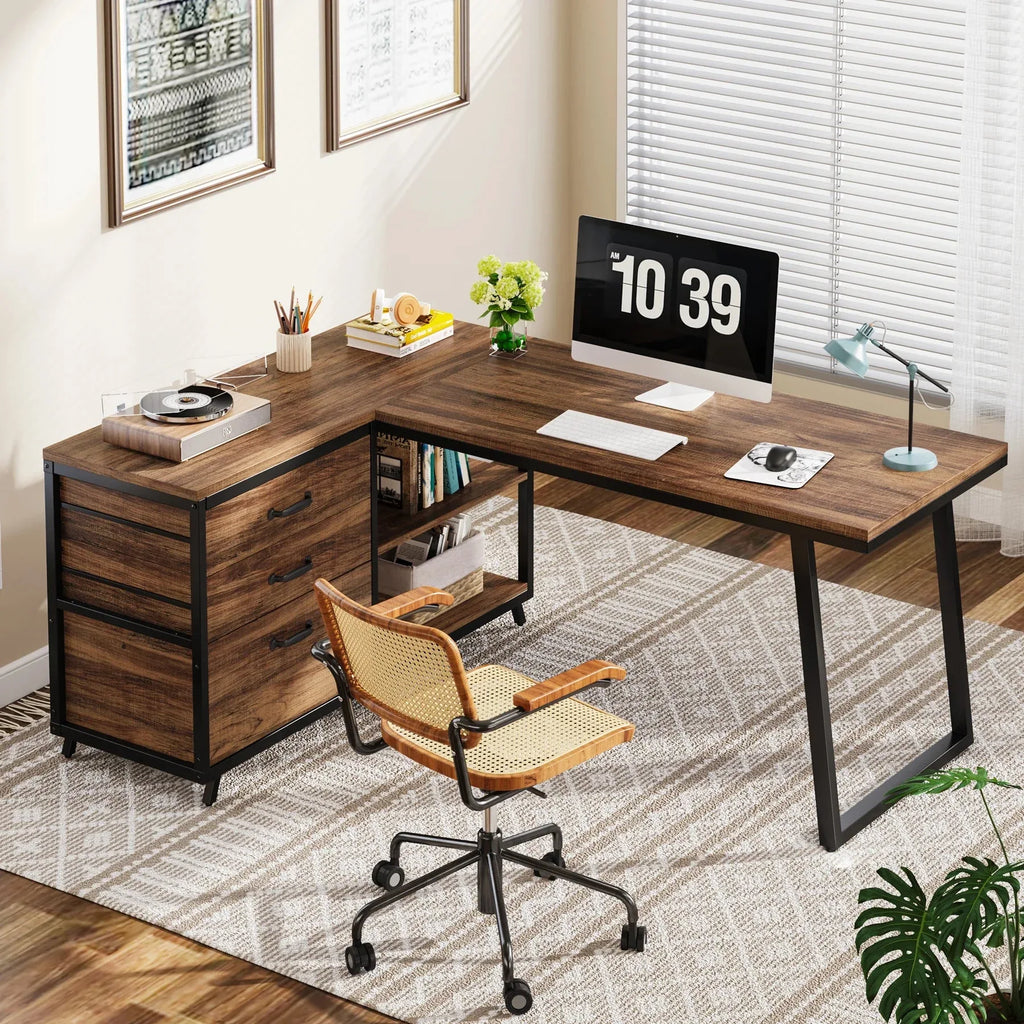 Tribesigns L-Shaped Computer Desk with 3 Drawers, Reversible Corner Home Office Desk with Shelves, 53-Inch Industrial PC Desk St - Bobobiy