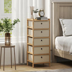 Narrow dresser with bamboo frame and five cream fabric drawers, round pull handles