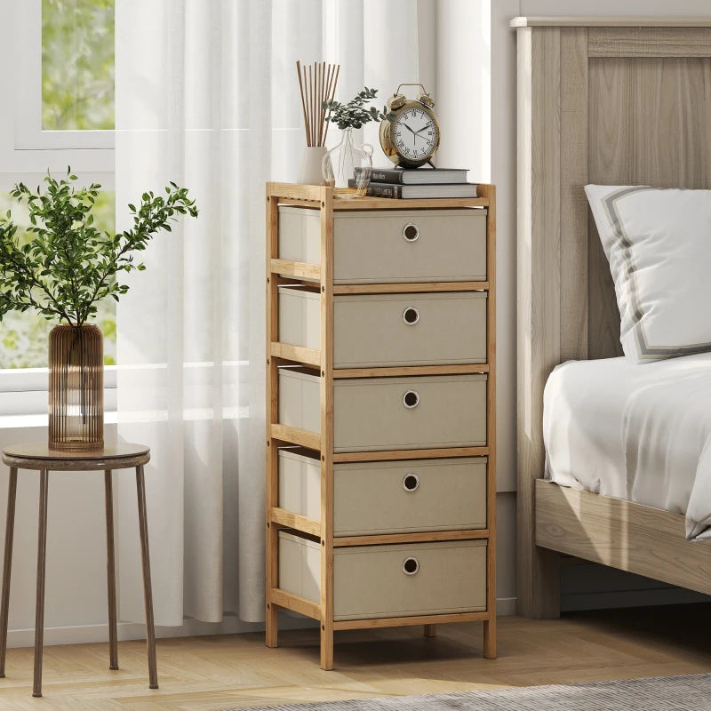 Narrow dresser with bamboo frame and five cream fabric drawers, round pull handles
